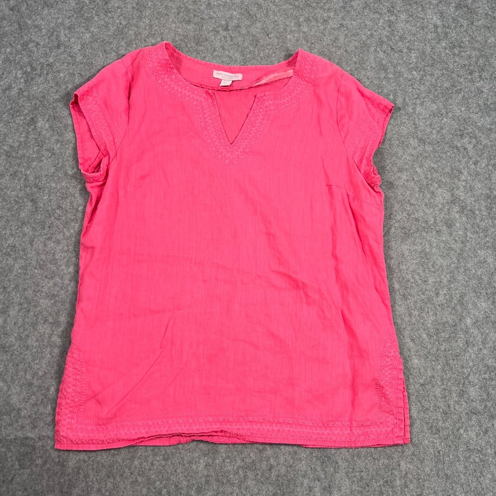 St. Tropez West Pink‎ Linen Embroidered Short Cap Sleeve Top Women's Size Large